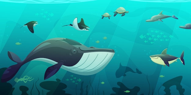 Oceano Índico ao vivo aquamarine plana abstrata banner com tubarão lula peixe tartarugas e algas fla