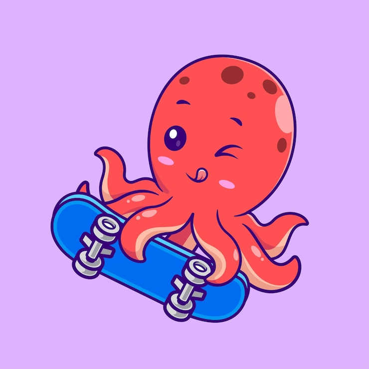 Vetor grátis octopus bonito jogando skateboard vector de desenho animado icon ilustração esporte animal vector plano isolado