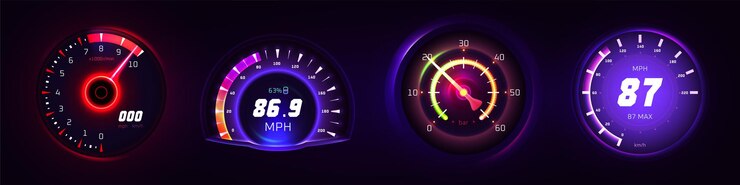Vetor grátis odômetro velocímetro brilhante do carro e tacômetro neon para painel do veículo