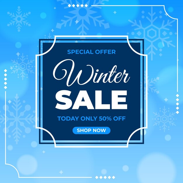 Oferta de liquidação de inverno com flocos de neve desenhados