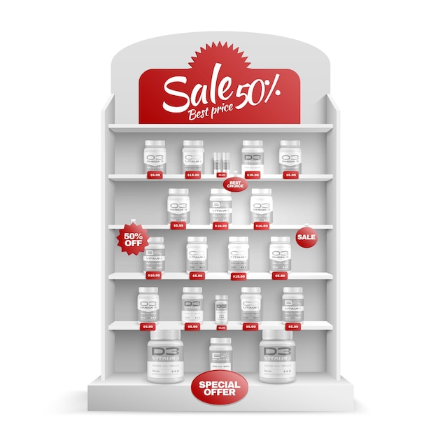 Oferta especial de maquete de produtos farmacêuticos rack realista com ilustração vetorial de embalagens de vitaminas