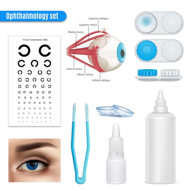 Vetor grátis oftalmologia visão correção olho anatomia realista conjunto com mesa de exame e acessórios de lentes de contato isolados