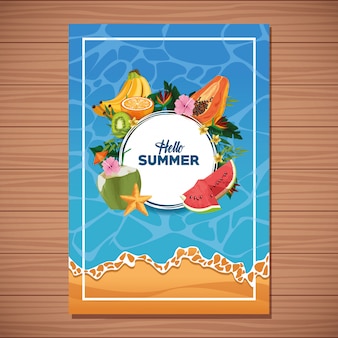 Olá cartão de verão em fundo de madeira