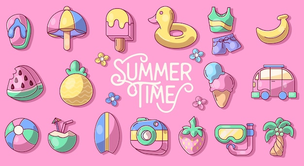 Olá coleção de verão Ilustração em vetor de símbolos de verão doodle engraçado colorido, como flamingo sorvete palmeira óculos de sol cacto prancha de surf abacaxi e melancia