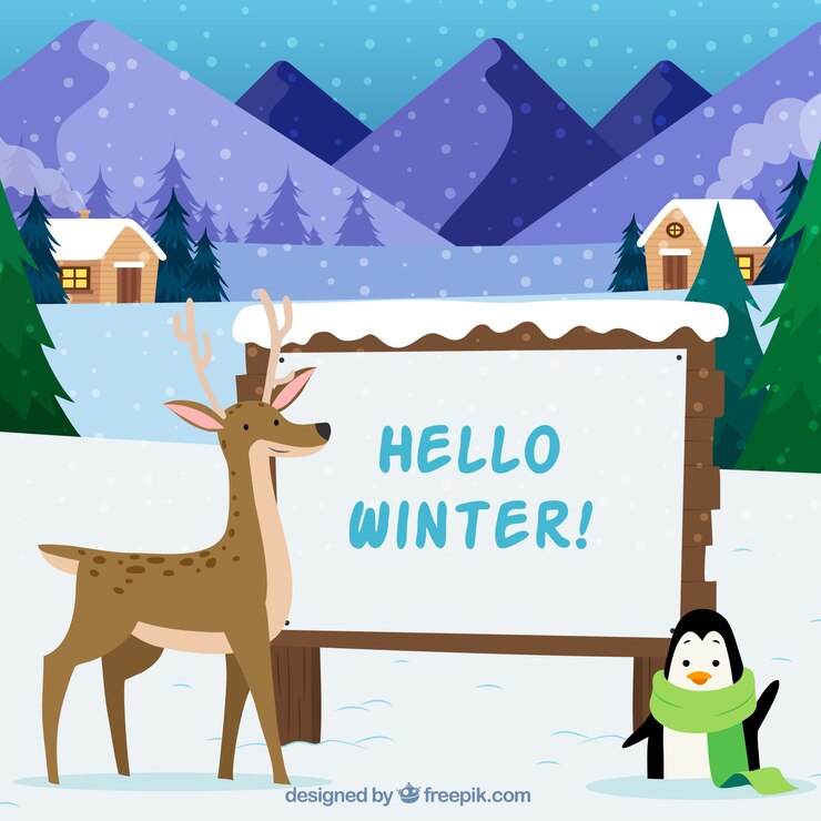 Vetor grátis olá fundo de inverno com uma rena e um pinguim