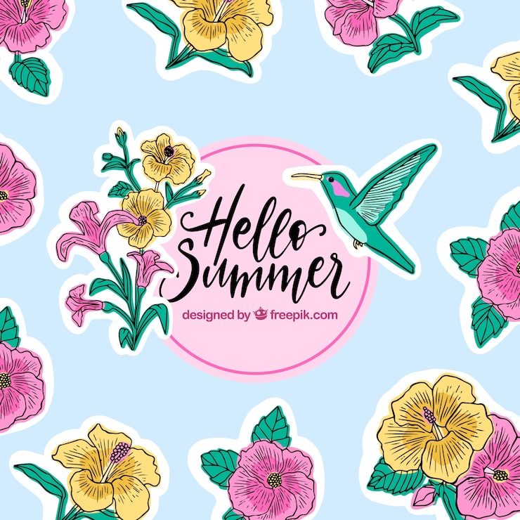 Vetor grátis olá fundo de verão com flores e beija-flor