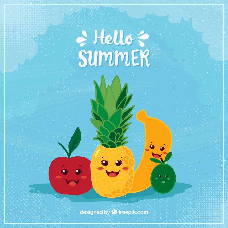 Vetor grátis olá fundo de verão com frutas fofos