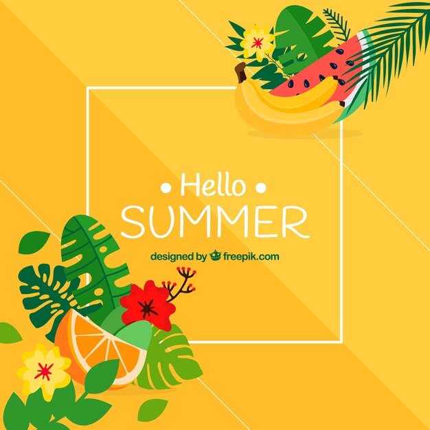 Olá fundo de verão com plantas e frutas coloridas