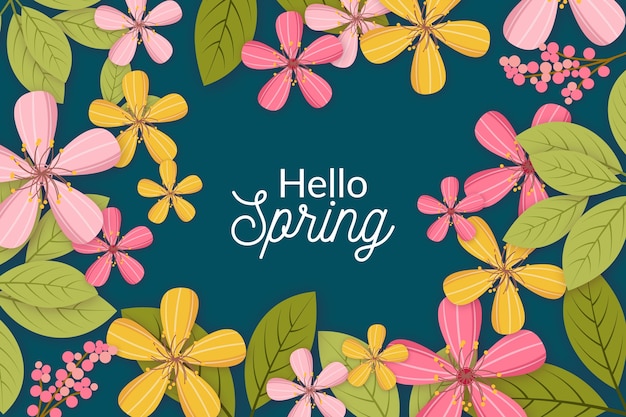 Olá primavera com folhas verdes e flores