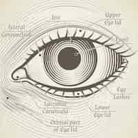 Vetor grátis olho humano gravura com legendas. córnea, íris e pupila. nomeie partes do olho para livros, enciclopédias
