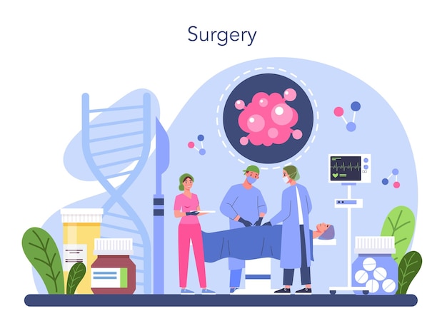 Vetor grátis oncologista profissional diagnóstico e tratamento da doença do câncer cirurgia de remoção de tumor de biópsia de quimioterapia oncológica ilustração vetorial plana isolada