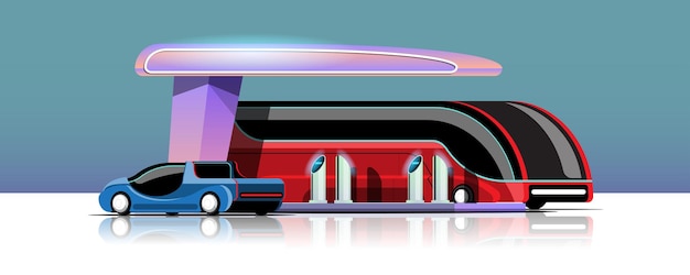 Vetor grátis Ônibus elétrico e automóvel carregando na estação de energia da garagem