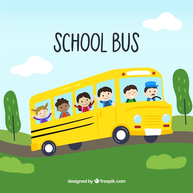 Ônibus escolar desenhado de mão com crianças
