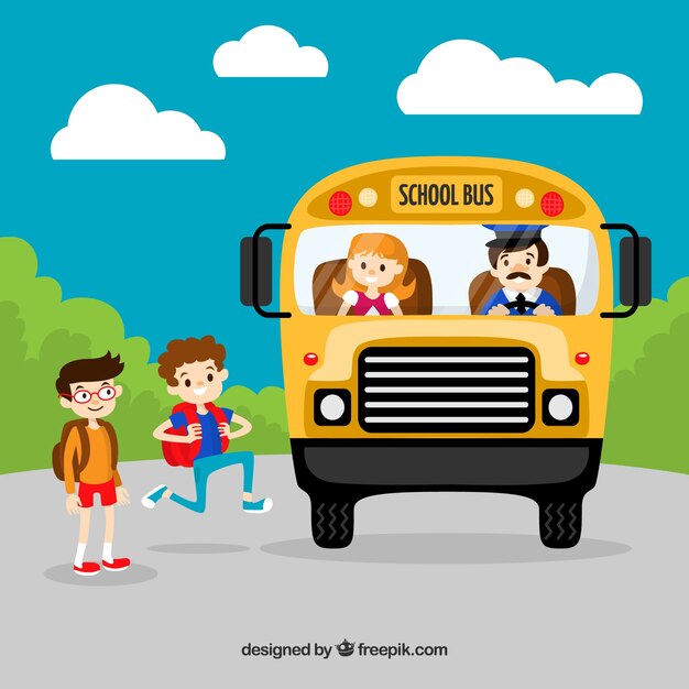 Ônibus escolar e crianças com design plano