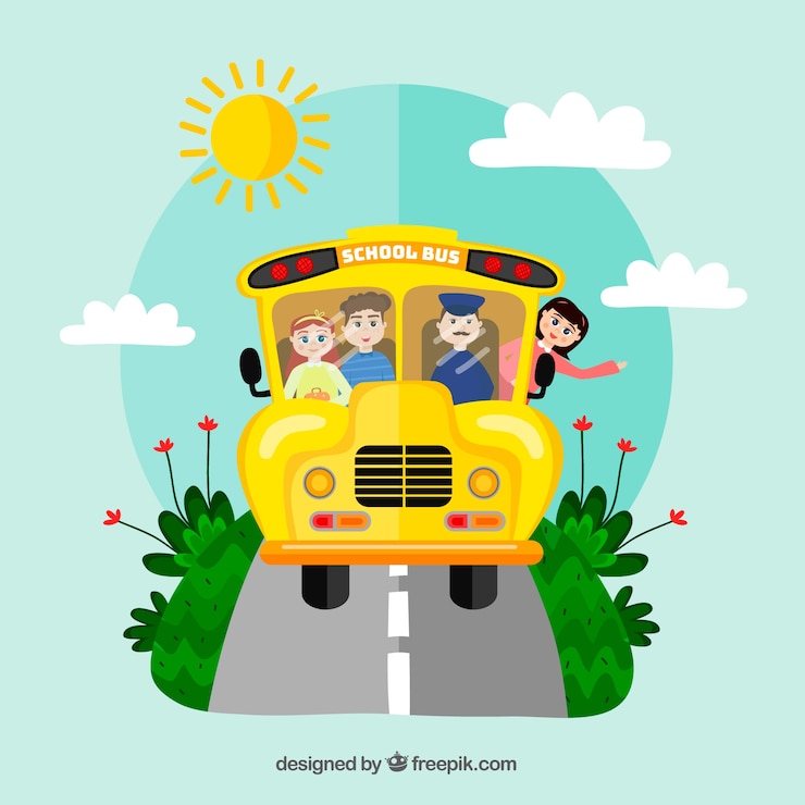 Vetor grátis ônibus escolar e crianças com design plano