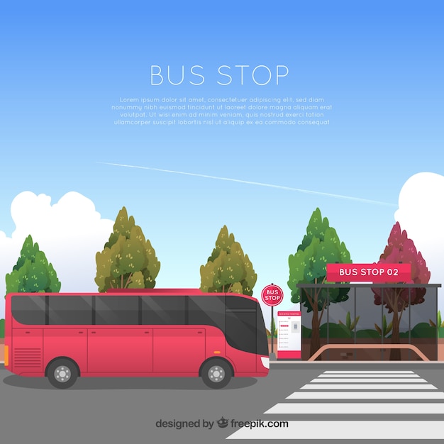 Ônibus urbano e ponto de ônibus com design plano