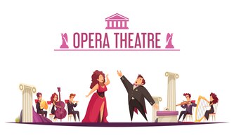 Vetor grátis opera teatro premier anúncio cartoon plana com 2 cantores ária performance e músicos no palco