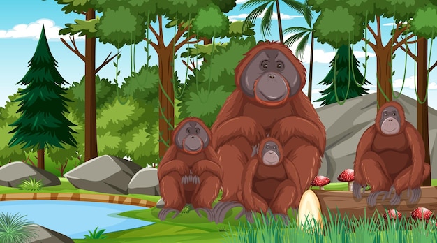 Orangotango em uma floresta ou cenário de floresta tropical com muitas árvores