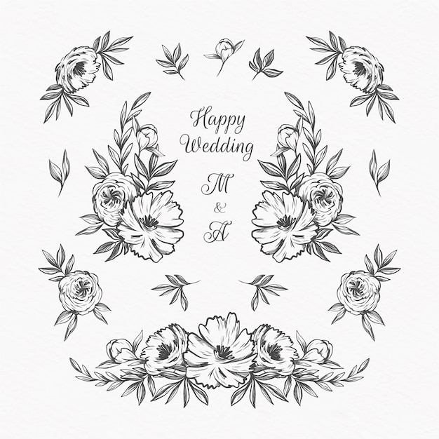 Ornamentos de álbum de casamento desenhados à mão