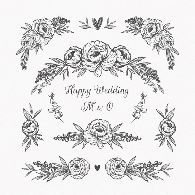 Ornamentos de álbum de casamento desenhados à mão