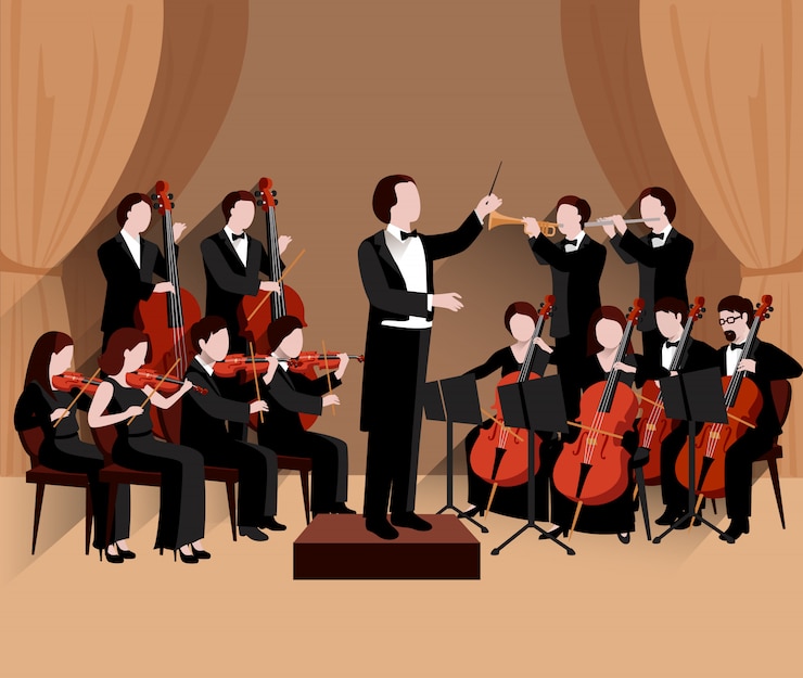Vetor grátis orquestra sinfônica com violinos de violoncelo e músicos de trompete