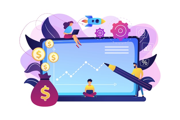 Vetor grátis os gerentes de investimento com laptops oferecem melhores retornos e gerenciamento de risco. fundo de investimento, oportunidades de investimento, conceito de alavancagem de fundo de hedge. ilustração isolada violeta vibrante brilhante