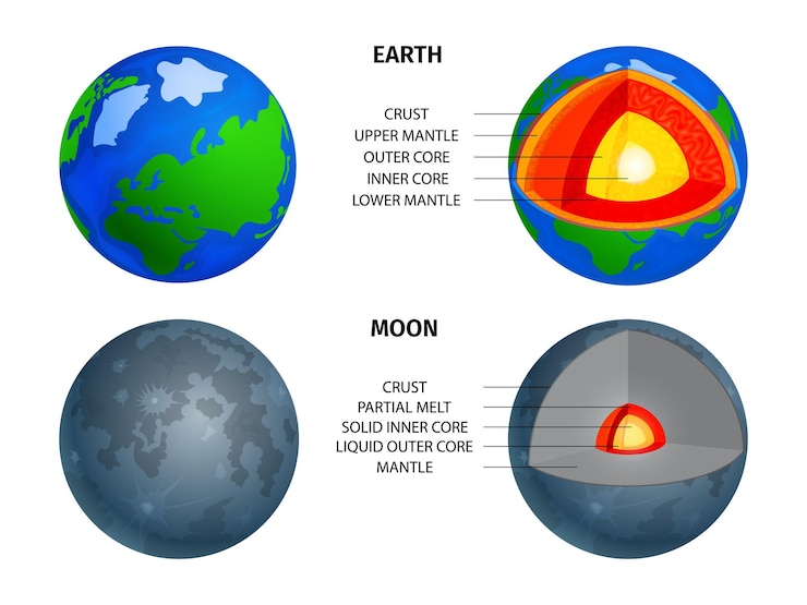 Vetor grátis os objetos do cosmos estruturam infográficos com a comparação das camadas transversais da terra e da lua.