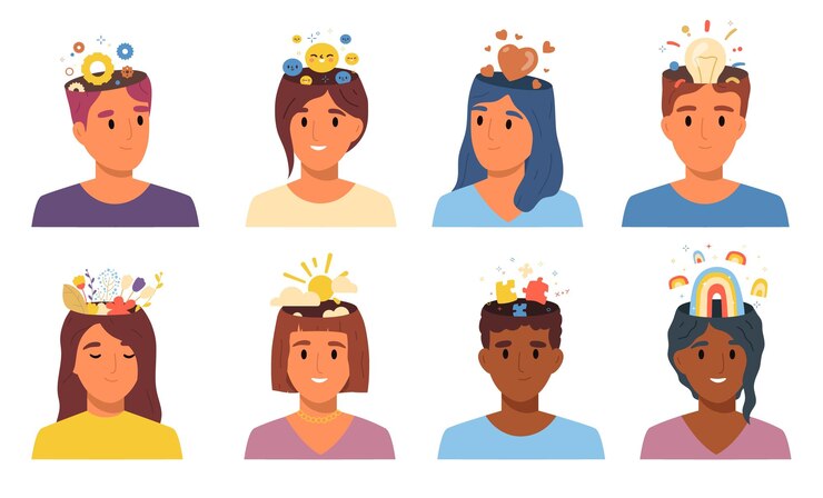 Vetor grátis os tipos de pessoas que pensam ícone plano definem diferentes tipos de pensamentos na cabeça representados abstratamente como figuras acima das cabeças das pessoas ilustração do vetor