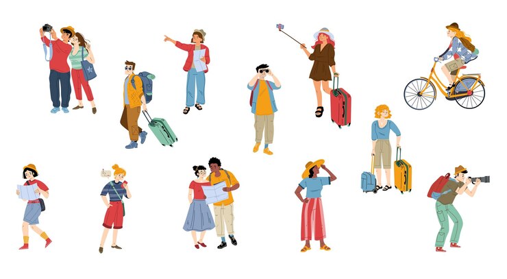 Vetor grátis os turistas vão passear e tirar fotos em viagens