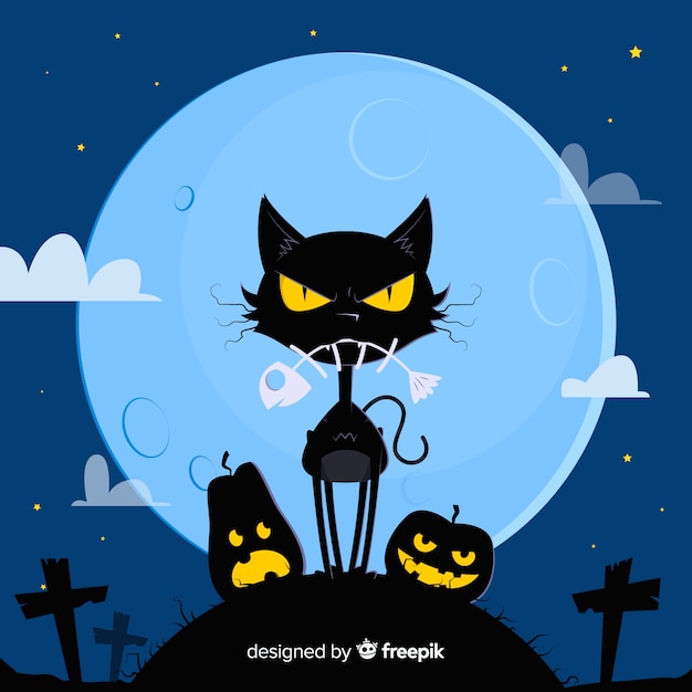 Vetor grátis Ótimo gato halloween com design plano