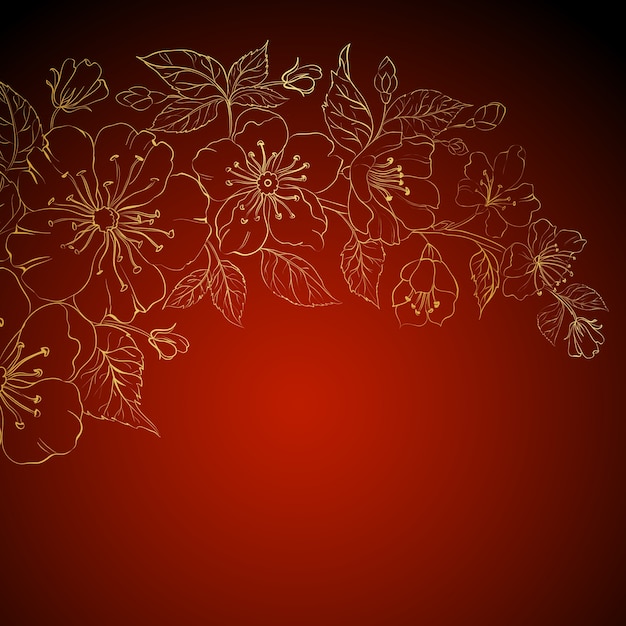 Ouro sakura flores em um fundo vermelho