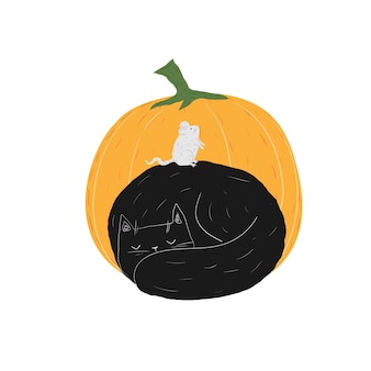 Outono gato preto com rato e abóbora halloween doodle gatinho fofo adormecido animais de estimação stock vector