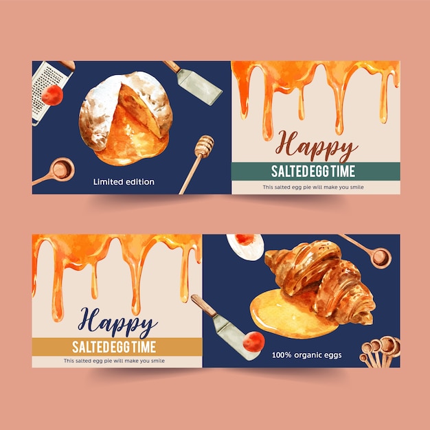 Ovo salgado banner design com dipper mel, creme choux, croissant aquarela ilustração.