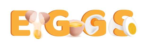 Ovos cozinham composição de texto realista letras grandes laranja cozidas e ilustração vetorial de ovos crus