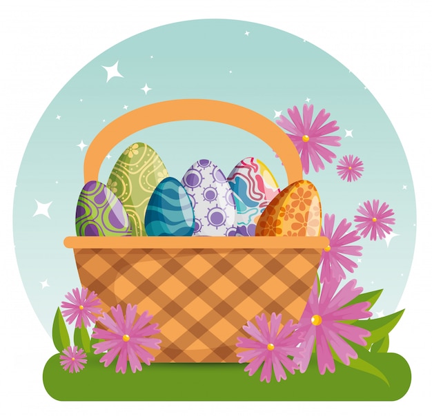 Vetor grátis ovos de páscoa com decoração de figuras dentro da cesta