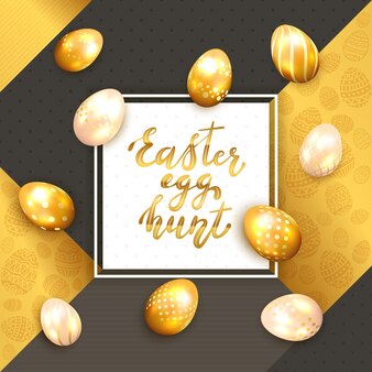 Ovos de páscoa dourados e cartão de férias com letras caça ao ovo de páscoa em ouro e fundo preto, ilustração.