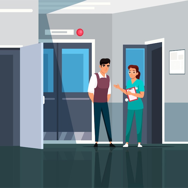 Paciente de clínica médica moderna falando com médico no corredor do hospital terapeuta ou enfermeira aconselha consulta ao visitante
