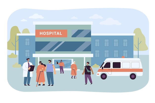 Vetor grátis pacientes e visitantes andando perto do prédio do hospital. ilustração plana