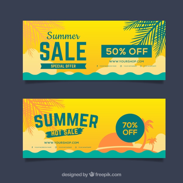 Pack de banners de venda de verão com pôr do sol