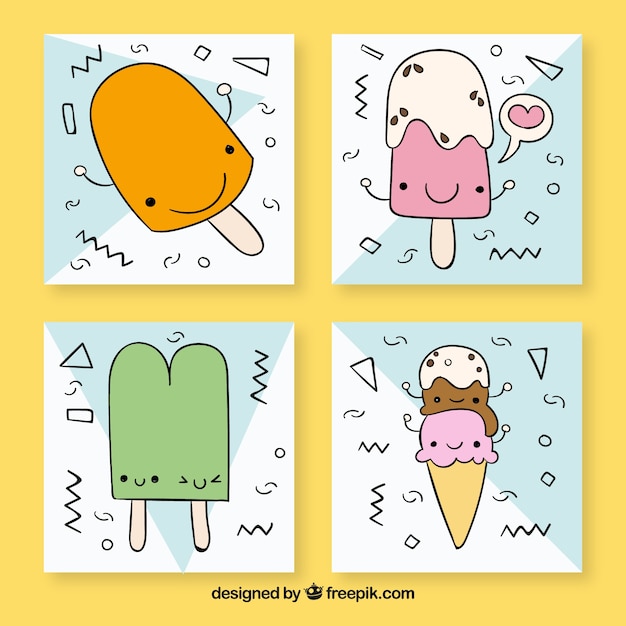 Vetor grátis pack de quatro cartas com caracteres de sorvete desenhados à mão