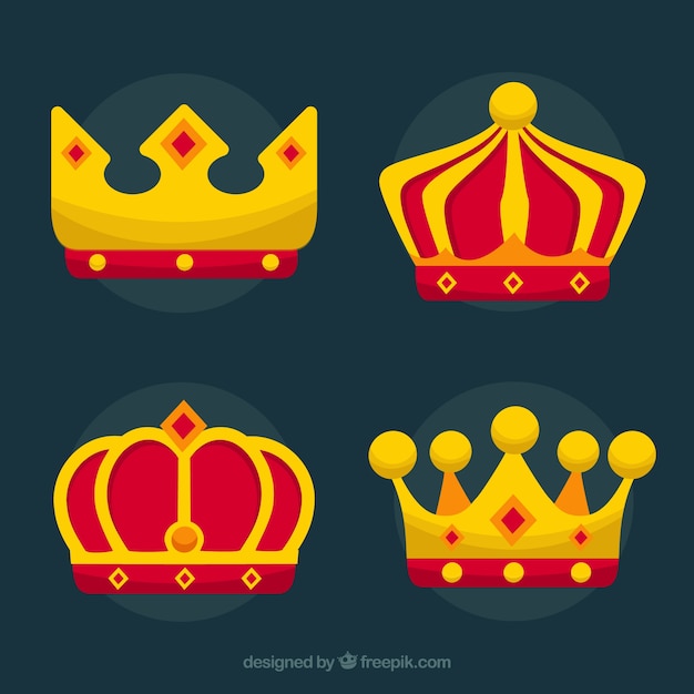 Vetor grátis pack de quatro coroas douradas e vermelhas