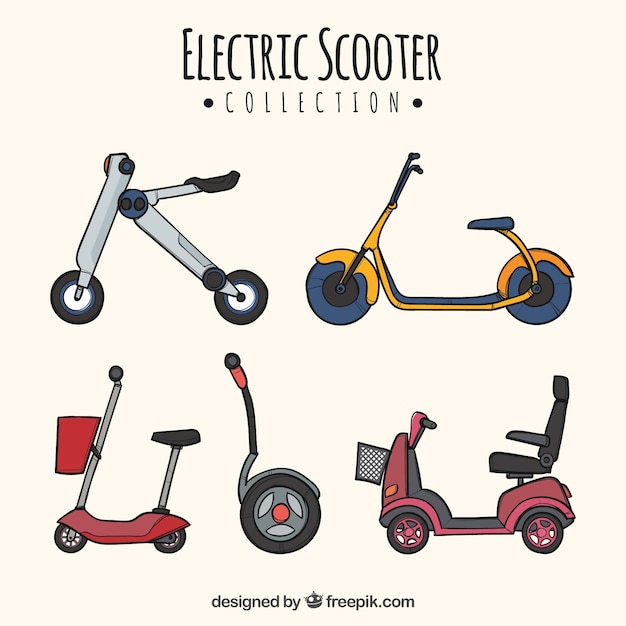 Pacote colorido de scooters desenhados a mão