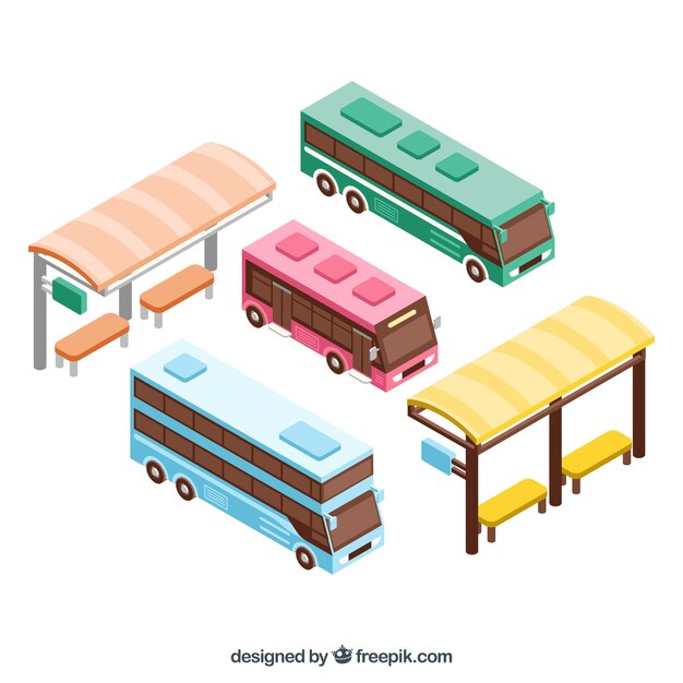 Pacote colorido de vistas isométricas de ônibus e ônibus