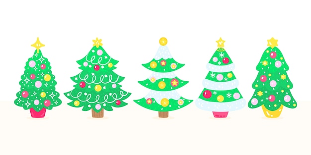 Pacote de árvores de natal desenhadas à mão