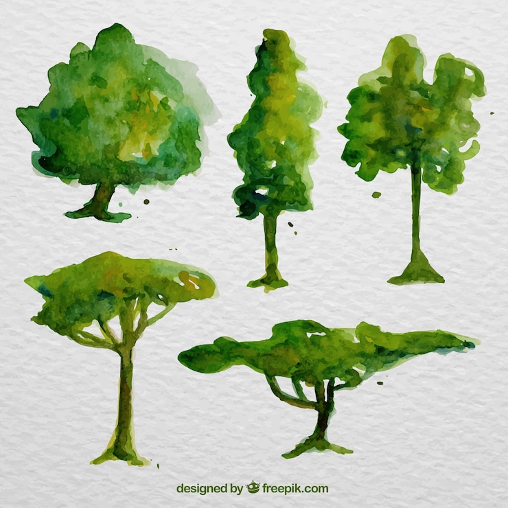 Vetor grátis pacote de árvores verdes aquarela