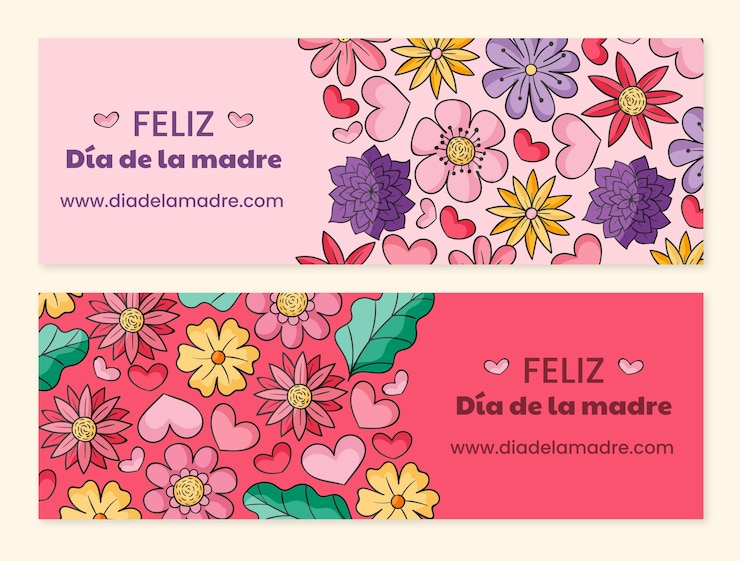 Vetor grátis pacote de banners horizontais desenhados à mão para o dia das mães em espanhol
