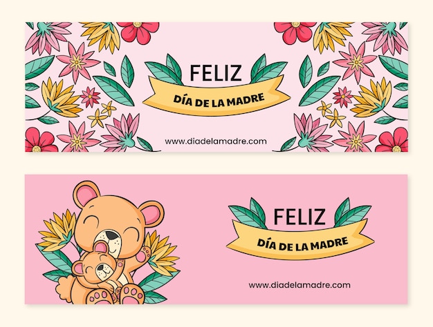 Vetor grátis pacote de banners horizontais desenhados à mão para o dia das mães em espanhol