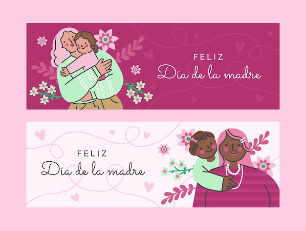Vetor grátis pacote de banners horizontais do dia das mães planas em espanhol