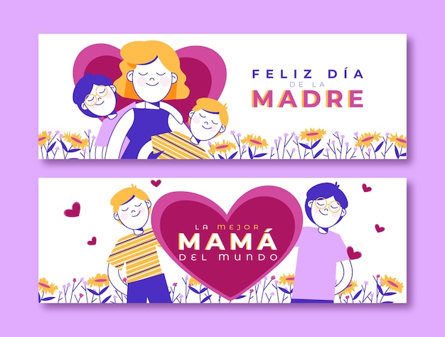 Pacote de banners horizontais do dia das mães plano em espanhol