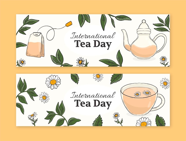 Pacote de banners horizontais do dia internacional do chá desenhado à mão